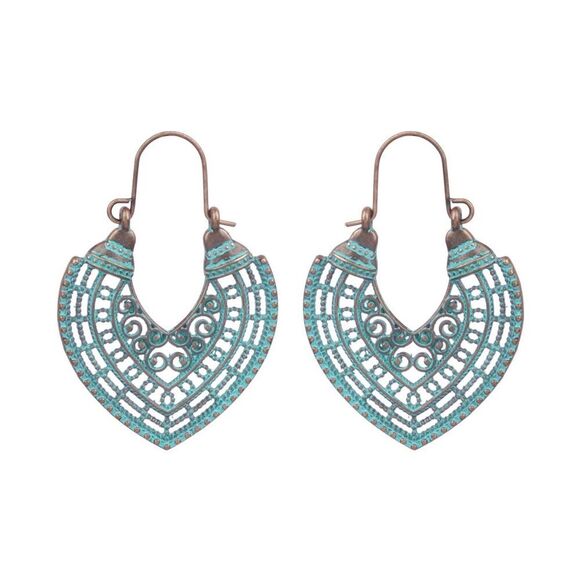 Bohemian Turquoise Blue & Bronze Tone Dangle Curved Hoop Earrings Hinged Back - Picture 1 of 6